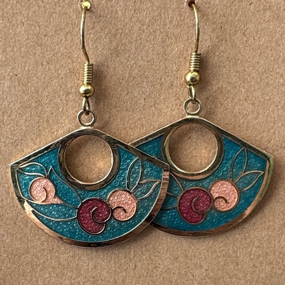 Jewelry - Cloisonné Gold and Teal Dangle Earrings